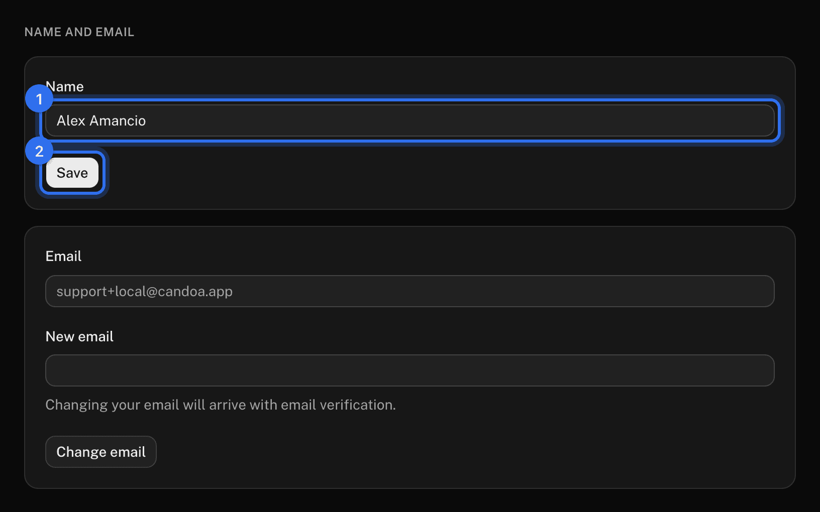 Name and email: the Name field (1) and Save (2)