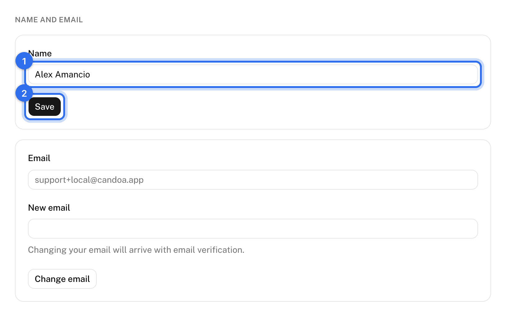 Name and email: the Name field (1) and Save (2)