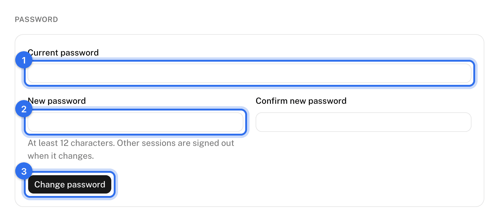Password: Current password (1), New password twice (2), and Change password (3)